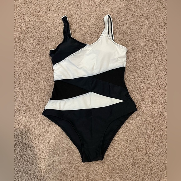 Women's Asymmetrical Padded Balck & White Mesh Insert OnePiece Swimsuit - Picture 2 of 7